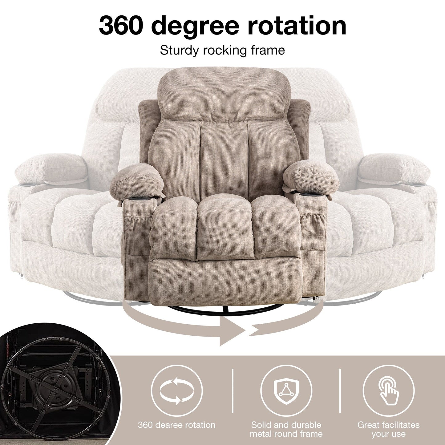 360° Swivel Recliner with Massage, Heat, USB Charging, Dual Cup Holders, and Spacious Side Pockets