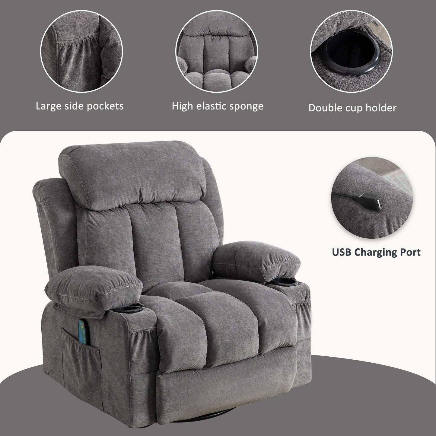 360° Swivel Recliner with Massage, Heat, USB Charging, Dual Cup Holders, and Spacious Side Pockets