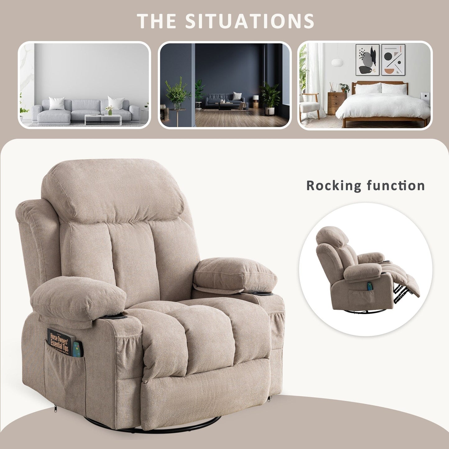 360° Swivel Recliner with Massage, Heat, USB Charging, Dual Cup Holders, and Spacious Side Pockets