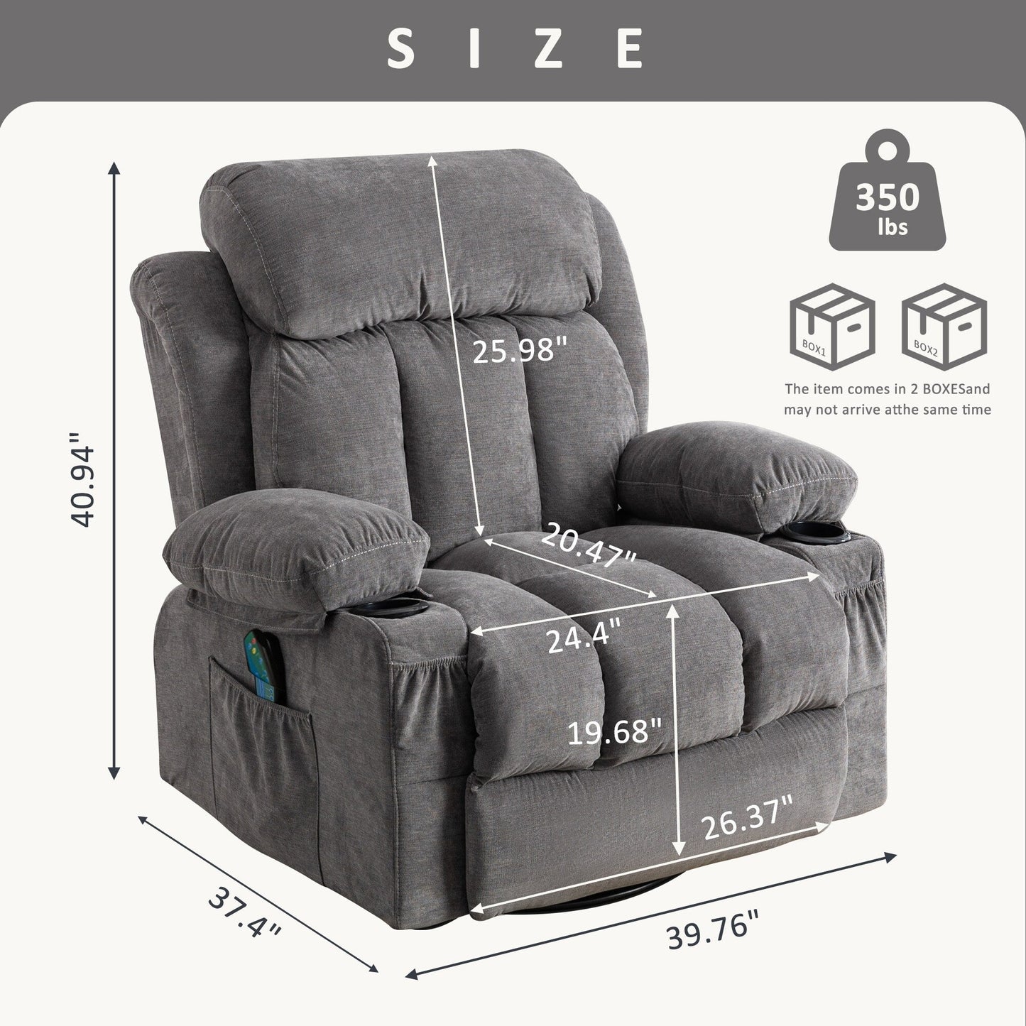 360° Swivel Recliner with Massage, Heat, USB Charging, Dual Cup Holders, and Spacious Side Pockets