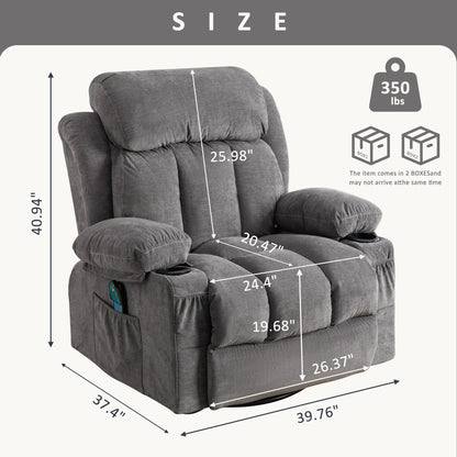 360° Swivel Recliner with Massage, Heat, USB Charging, Dual Cup Holders, and Spacious Side Pockets