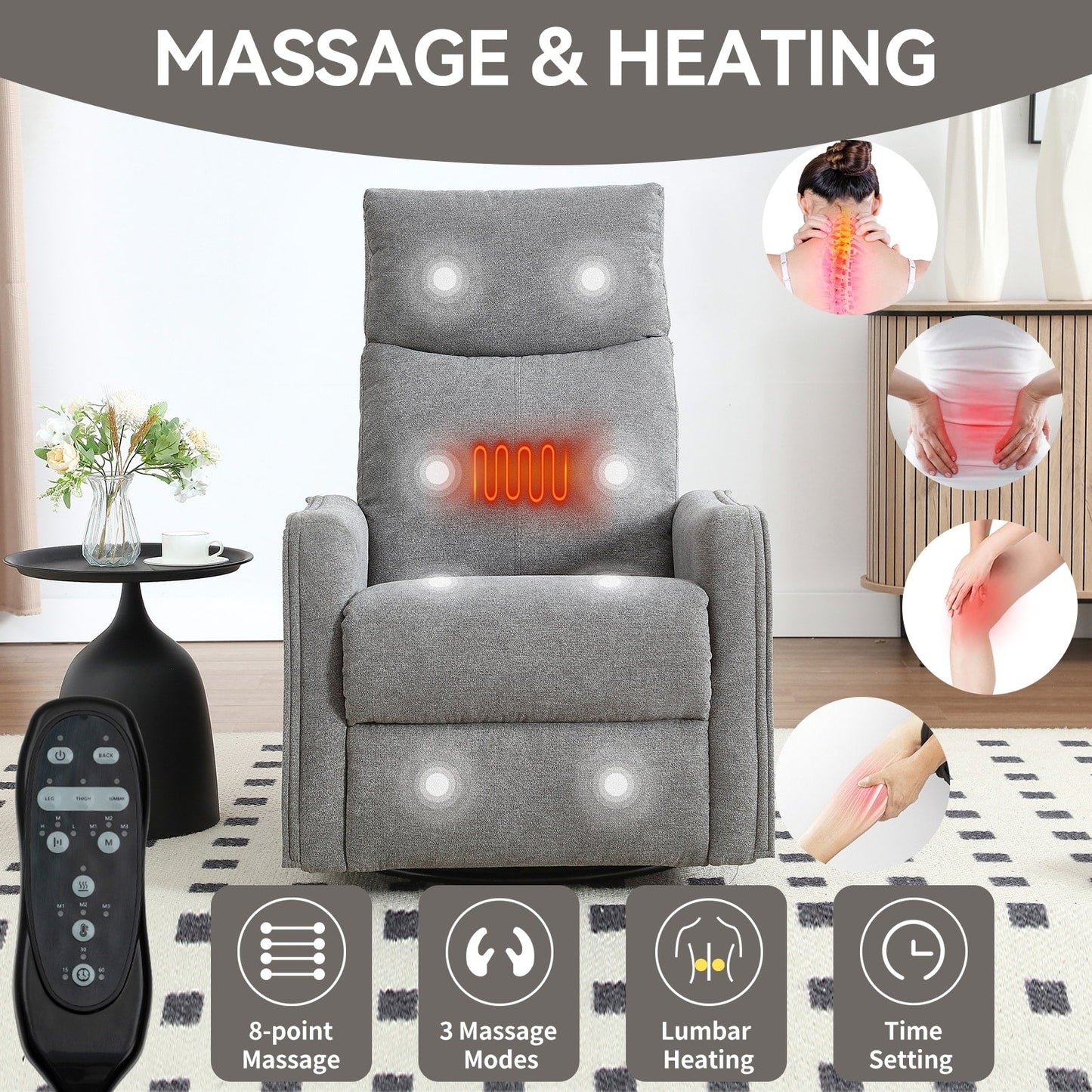 360Â° Swivel Rocker Recliner Chair with Massage and Lumbar Heating
