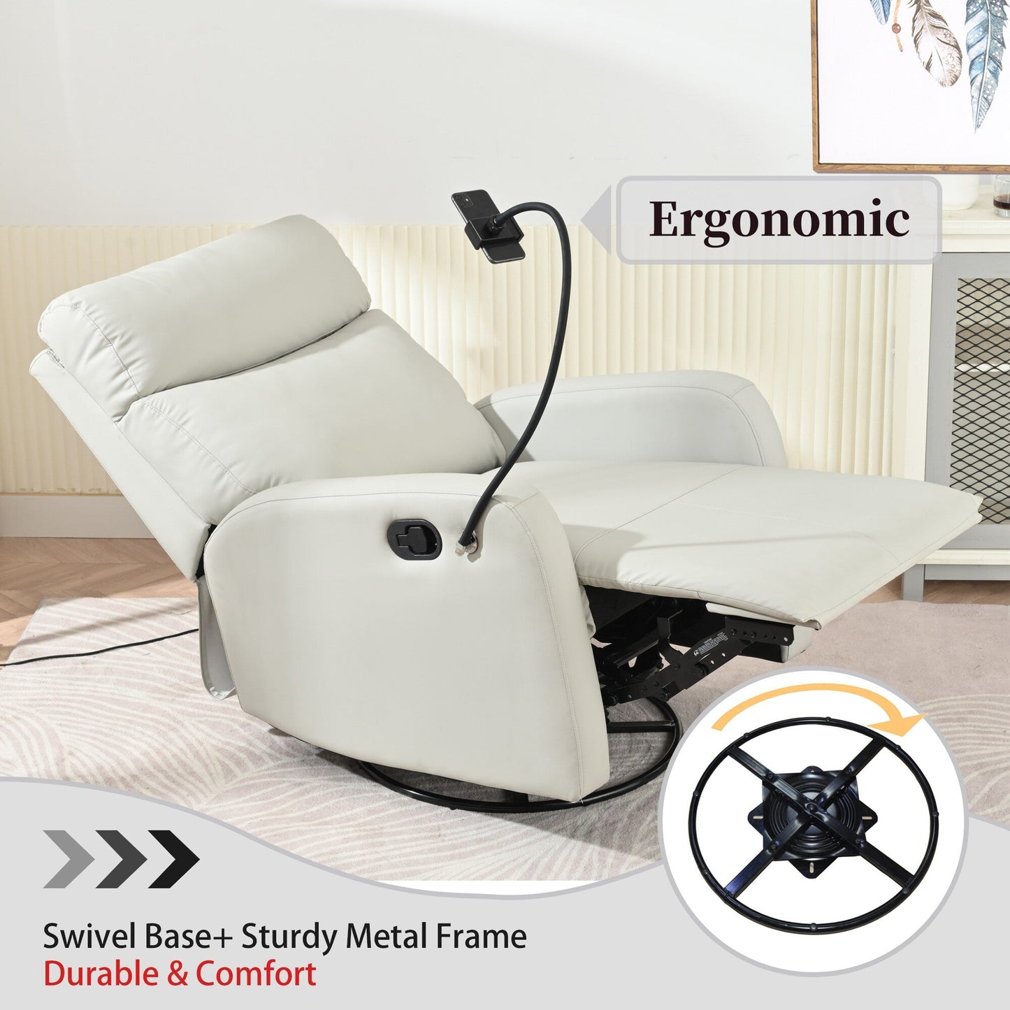 360Â° Swivel Rocking Recliner Chair with Phone Holder, Footrest, Adjustable Position for Living Room & Home Theater
