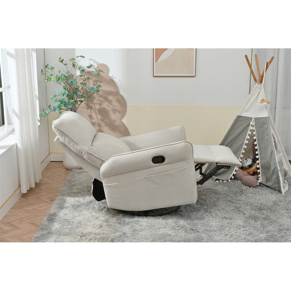 360° Swivel Rocking Recliner Chair, Manual Glider with Footrest, Modern Padded Lounge Chair for Small Spaces, Side Pockets