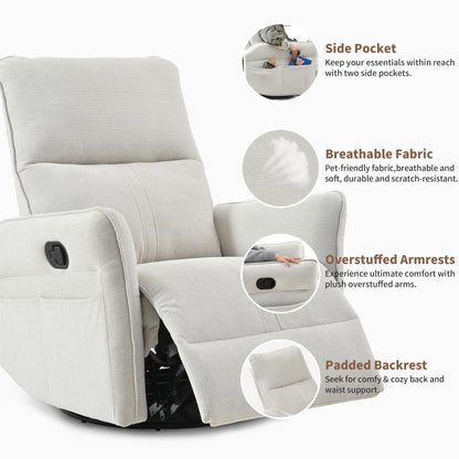 360° Swivel Rocking Recliner Chair, Manual Glider with Footrest, Modern Padded Lounge Chair for Small Spaces, Side Pockets