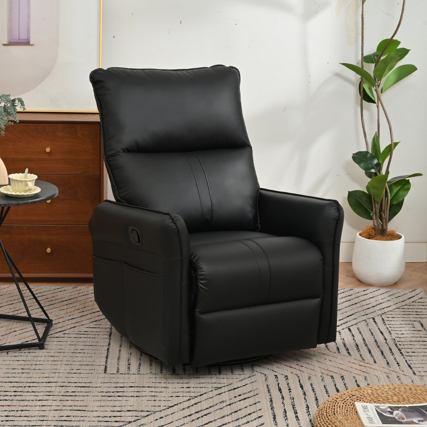 360° Swivel Rocking Recliner Chair, Manual Glider with Footrest, Modern Padded Lounge Chair for Small Spaces, Side Pockets