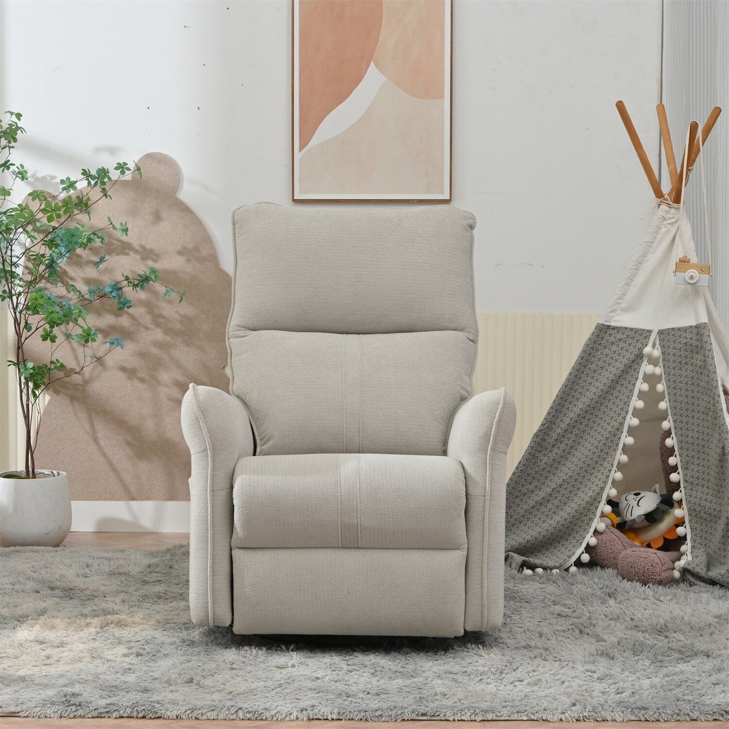 360° Swivel Rocking Recliner Chair, Manual Glider with Footrest, Modern Padded Lounge Chair for Small Spaces, Side Pockets