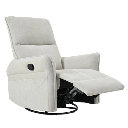 360° Swivel Rocking Recliner Chair, Manual Glider with Footrest, Modern Padded Lounge Chair for Small Spaces, Side Pockets