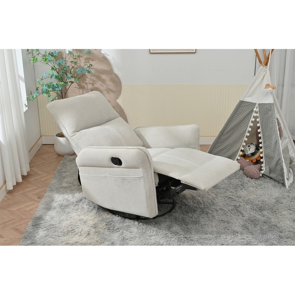 360° Swivel Rocking Recliner Chair, Manual Glider with Footrest, Modern Padded Lounge Chair for Small Spaces, Side Pockets
