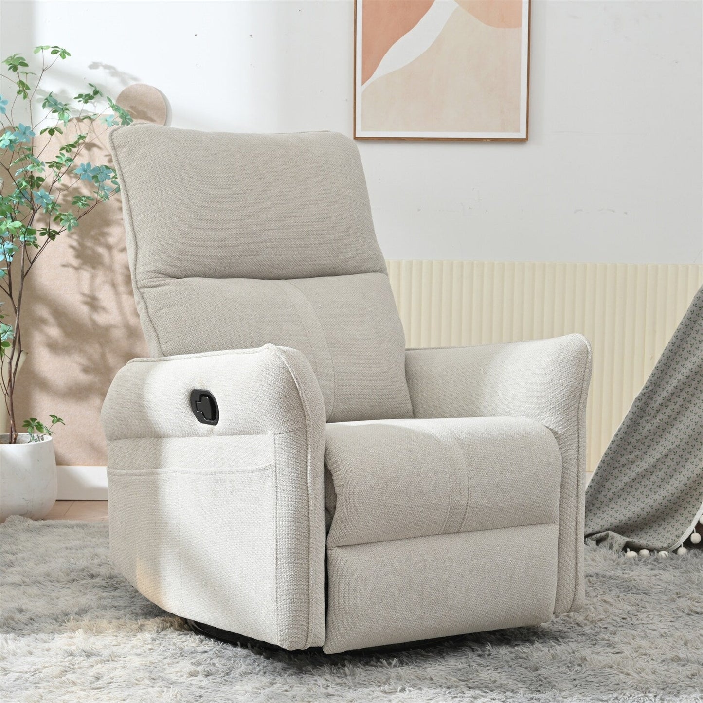 360° Swivel Rocking Recliner Chair, Manual Glider with Footrest, Modern Padded Lounge Chair for Small Spaces, Side Pockets