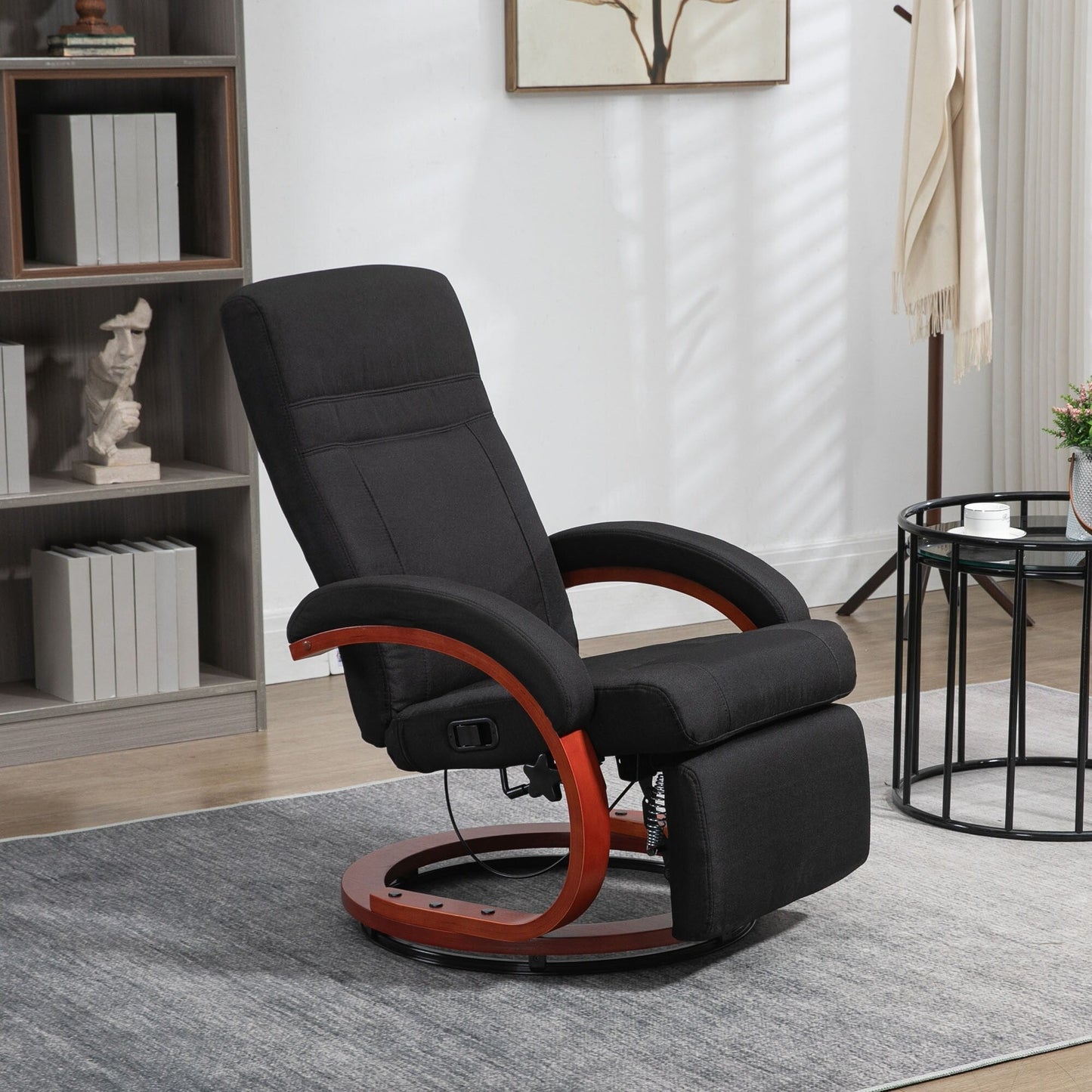 360Â° Swivel Wood Base Manual Recliner Chair Adjustable Recline Office Chair with Retractable Footrest and Padded Armrests