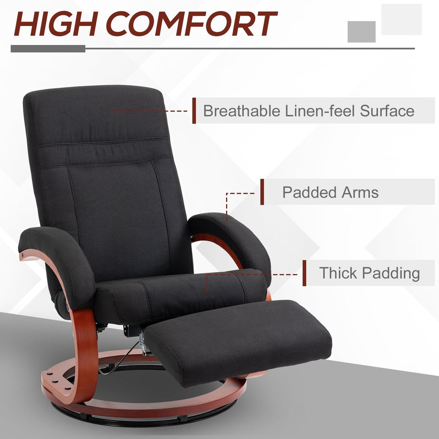 360Â° Swivel Wood Base Manual Recliner Chair Adjustable Recline Office Chair with Retractable Footrest and Padded Armrests