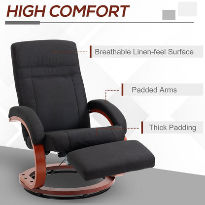 360Â° Swivel Wood Base Manual Recliner Chair Adjustable Recline Office Chair with Retractable Footrest and Padded Armrests