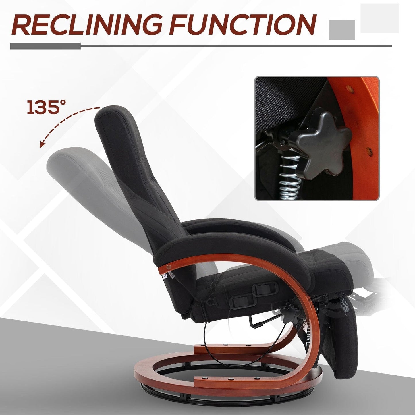 360Â° Swivel Wood Base Manual Recliner Chair Adjustable Recline Office Chair with Retractable Footrest and Padded Armrests