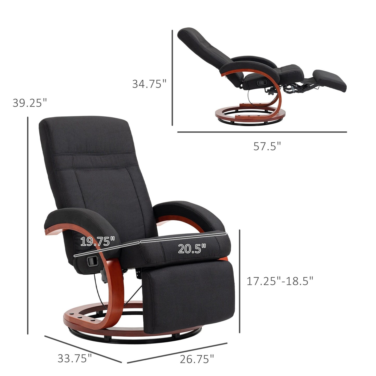 360Â° Swivel Wood Base Manual Recliner Chair Adjustable Recline Office Chair with Retractable Footrest and Padded Armrests