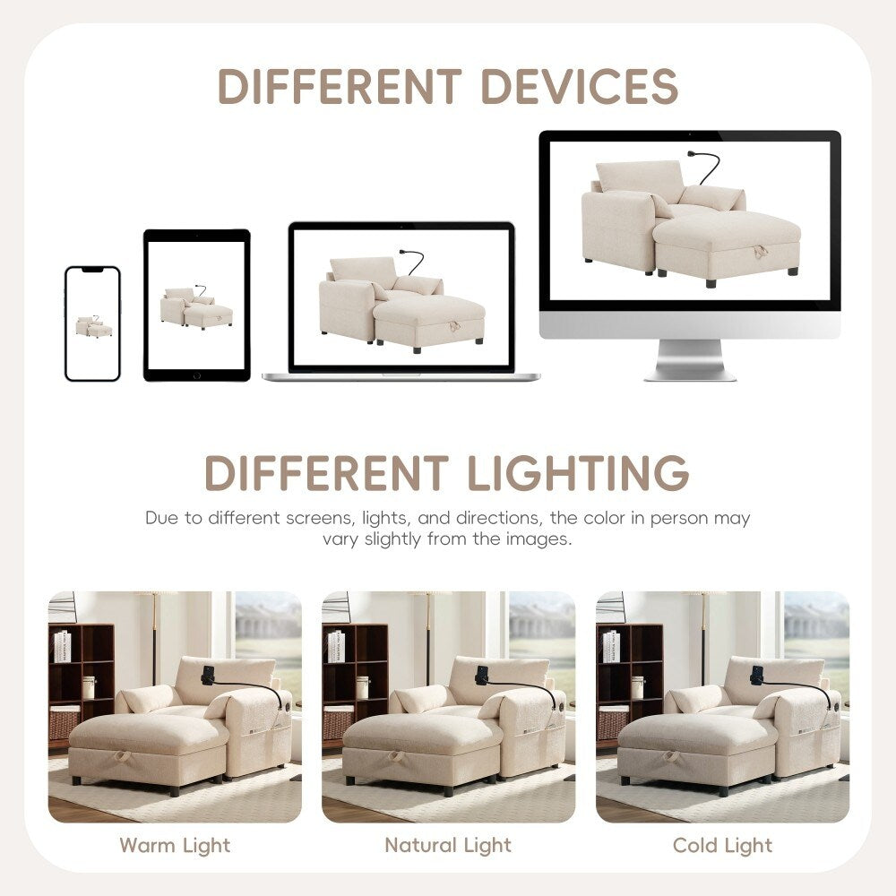 38 Chenille Single Sofa with Storage Ottoman, USB Charger, Side Storage Pockets, Pillow-like Armrests