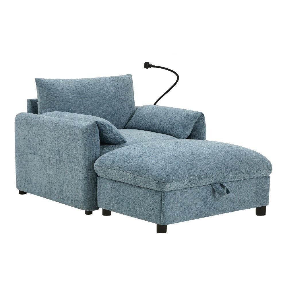 38 Chenille Single Sofa with Storage Ottoman, USB Charger, Side Storage Pockets, Pillow-like Armrests