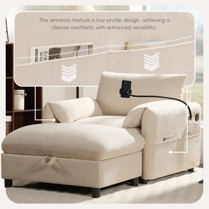 38 Chenille Single Sofa with Storage Ottoman, USB Charger, Side Storage Pockets, Pillow-like Armrests