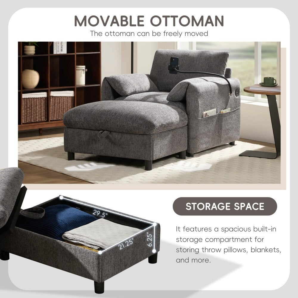 38 Chenille Single Sofa with Storage Ottoman, USB Charger, Side Storage Pockets, Pillow-like Armrests