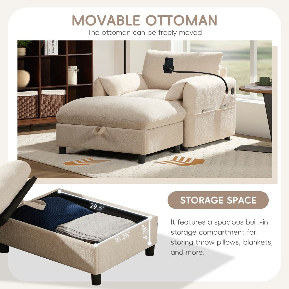 38 Chenille Single Sofa with Storage Ottoman, USB Charger, Side Storage Pockets, Pillow-like Armrests