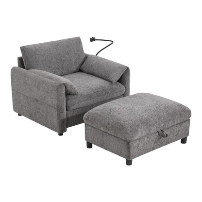38 Chenille Single Sofa with Storage Ottoman, USB Charger, Side Storage Pockets, Pillow-like Armrests