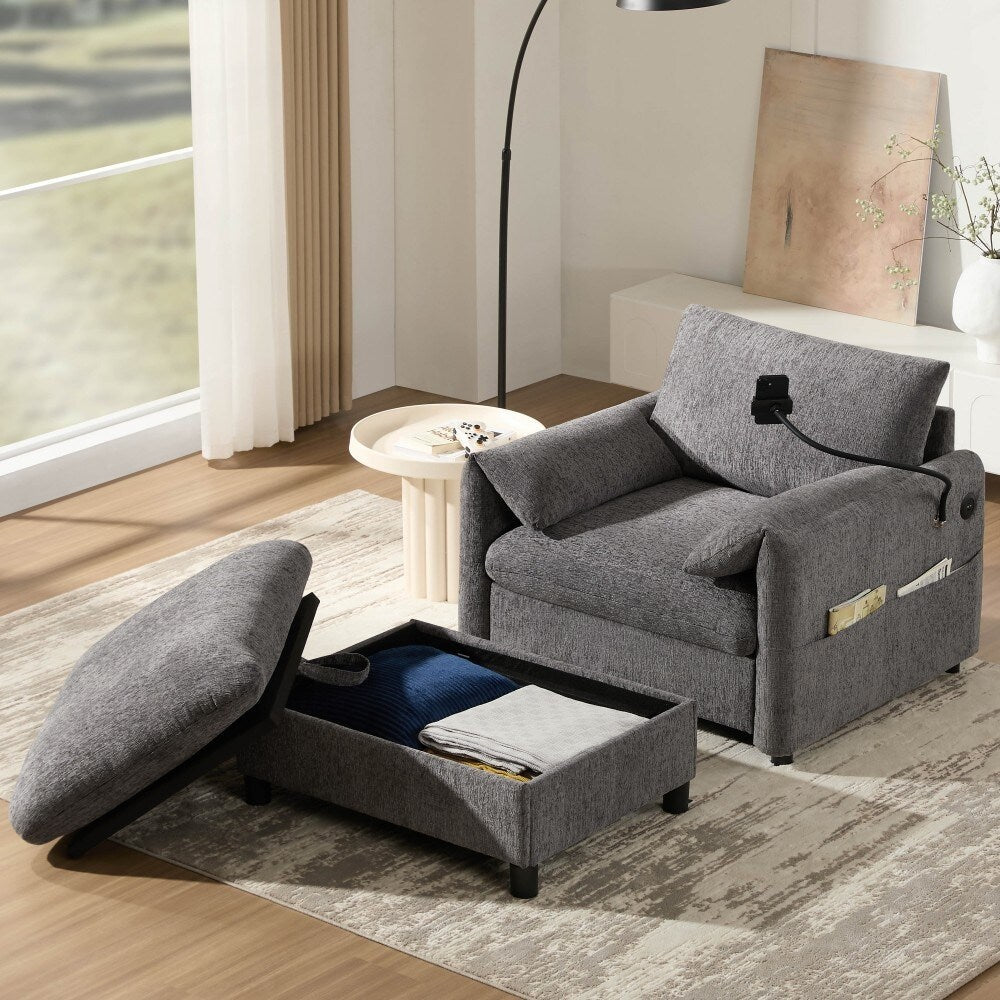 38 Chenille Single Sofa with Storage Ottoman, USB Charger, Side Storage Pockets, Pillow-like Armrests