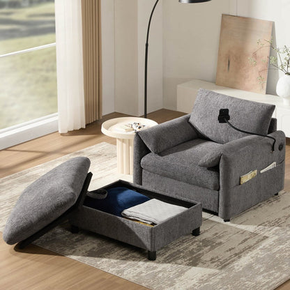 38 Chenille Single Sofa with Storage Ottoman, USB Charger, Side Storage Pockets, Pillow-like Armrests