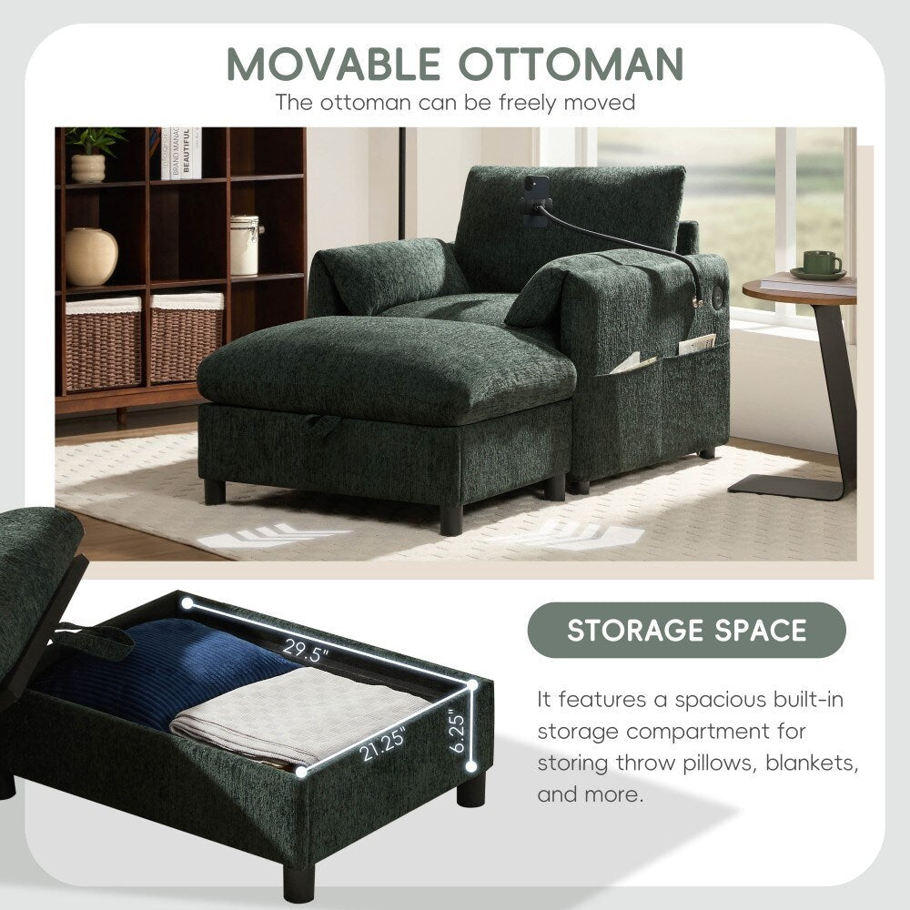 38 Chenille Single Sofa with Storage Ottoman, USB Charger, Side Storage Pockets, Pillow-like Armrests