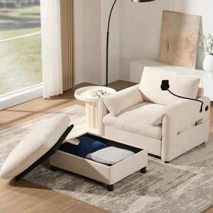 38 Chenille Single Sofa with Storage Ottoman, USB Charger, Side Storage Pockets, Pillow-like Armrests
