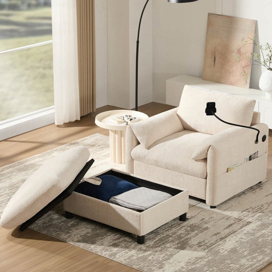 38 Chenille Single Sofa with Storage Ottoman, USB Charger, Side Storage Pockets, Pillow-like Armrests