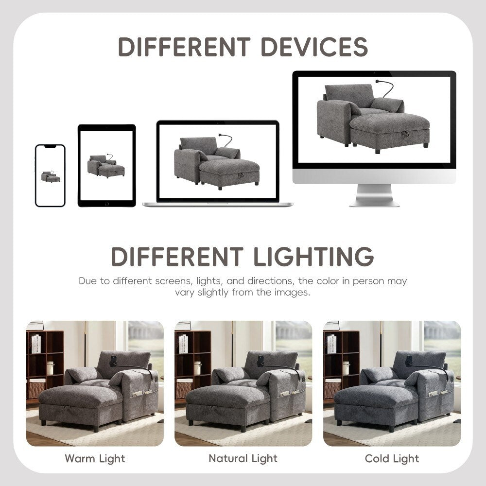 38 Chenille Single Sofa with Storage Ottoman, USB Charger, Side Storage Pockets, Pillow-like Armrests