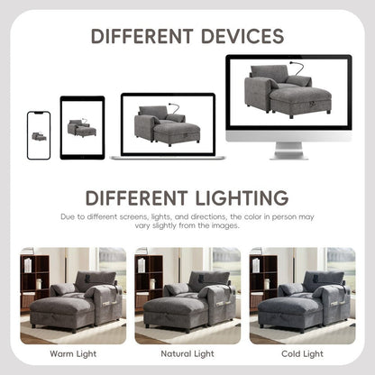 38 Chenille Single Sofa with Storage Ottoman, USB Charger, Side Storage Pockets, Pillow-like Armrests