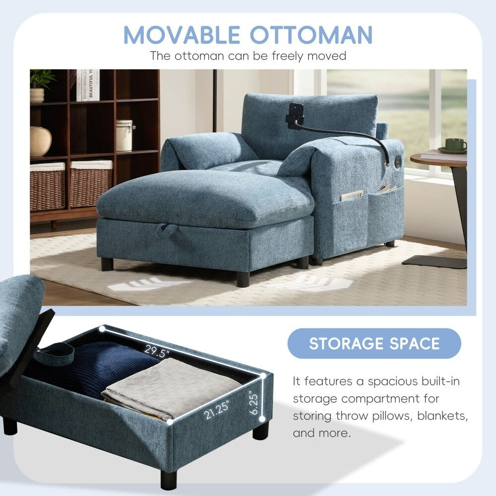 38 Chenille Single Sofa with Storage Ottoman, USB Charger, Side Storage Pockets, Pillow-like Armrests