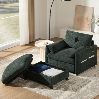 38 Chenille Single Sofa with Storage Ottoman, USB Charger, Side Storage Pockets, Pillow-like Armrests