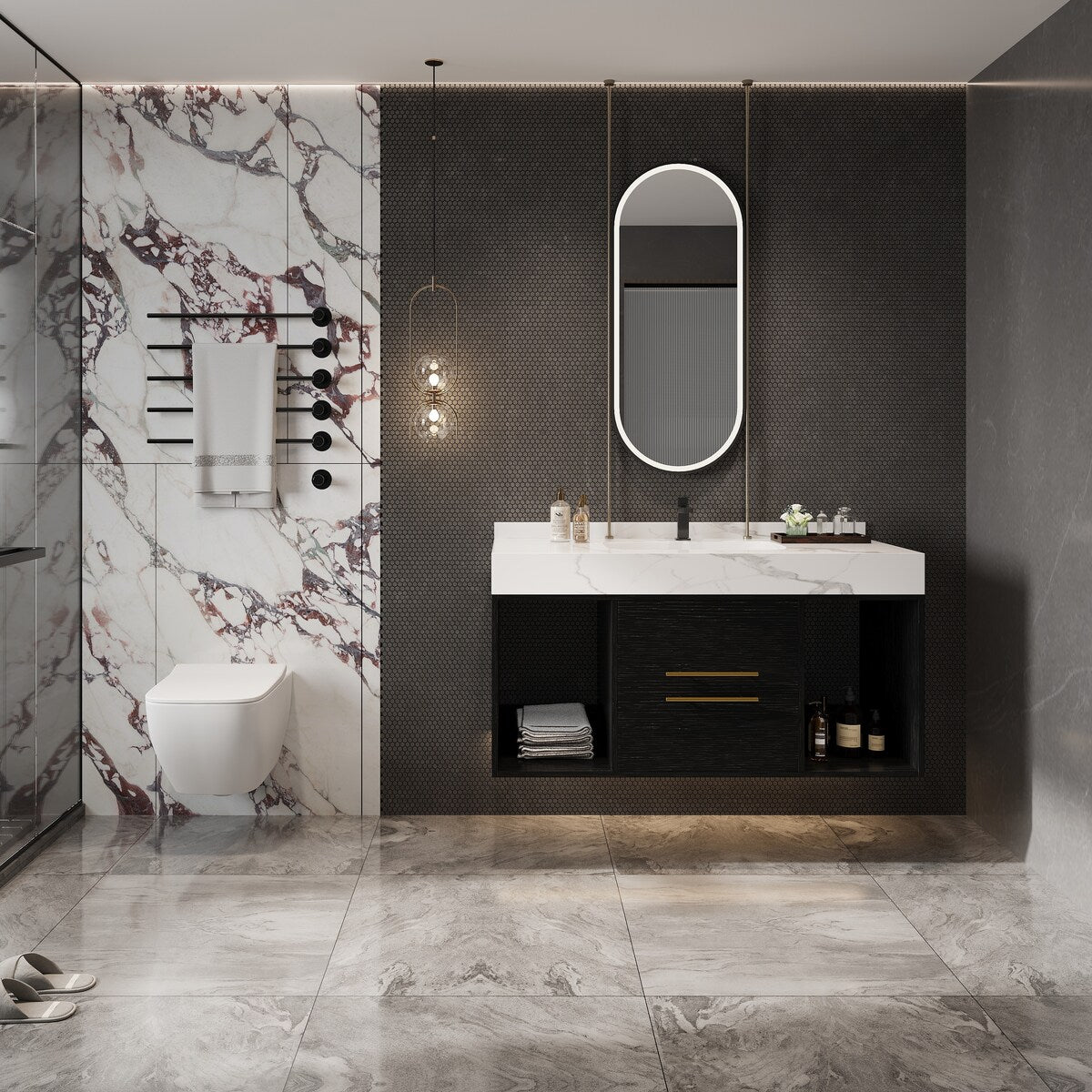 39.4 '' Floating Bathroom Vanity with Ceramic sink,Wall Hung Vanity 2 Soft Close Drawer and white slate top - 39'4 x 18'9