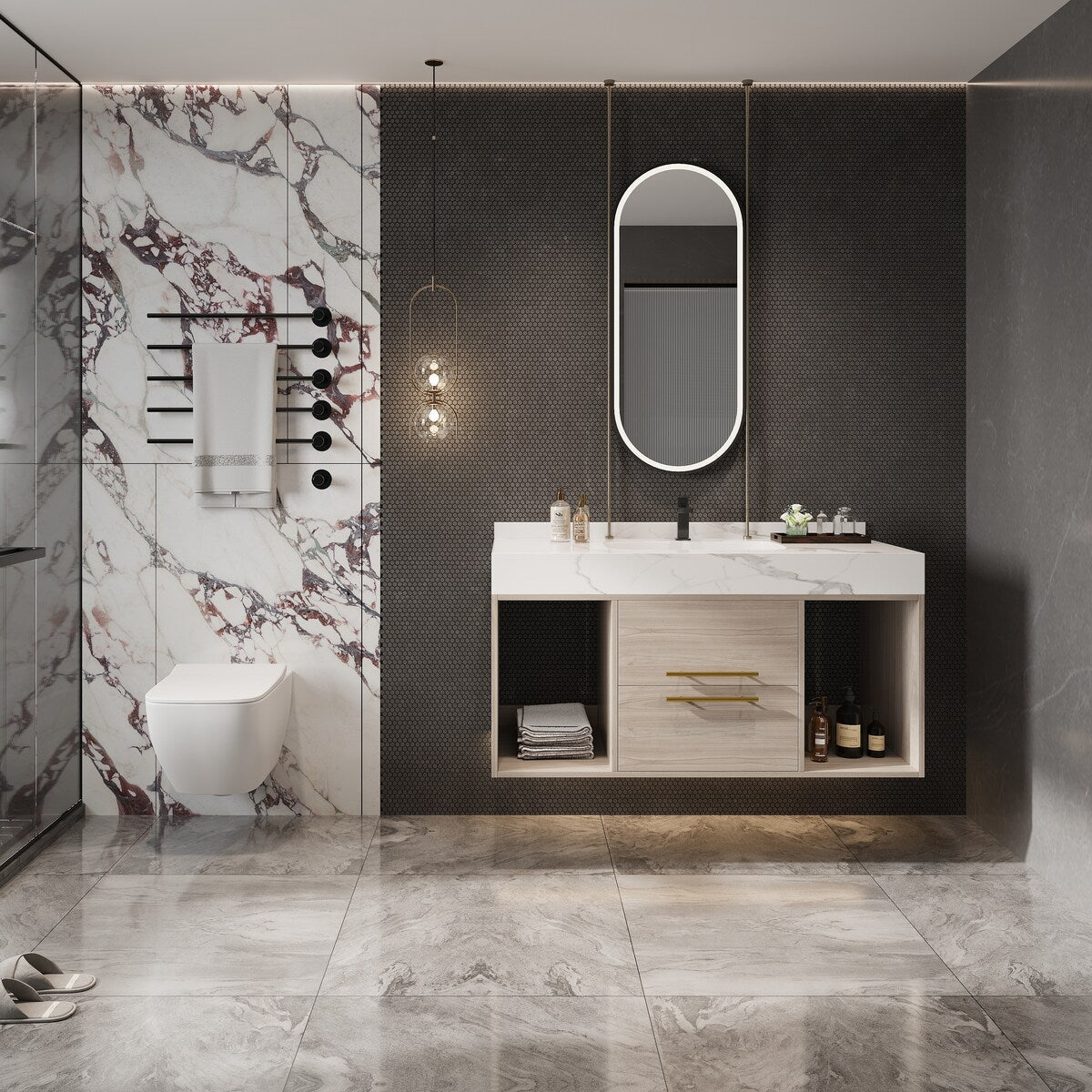 39.4 '' Floating Bathroom Vanity with Ceramic sink,Wall Hung Vanity 2 Soft Close Drawer and white slate top - 39'4 x 18'9