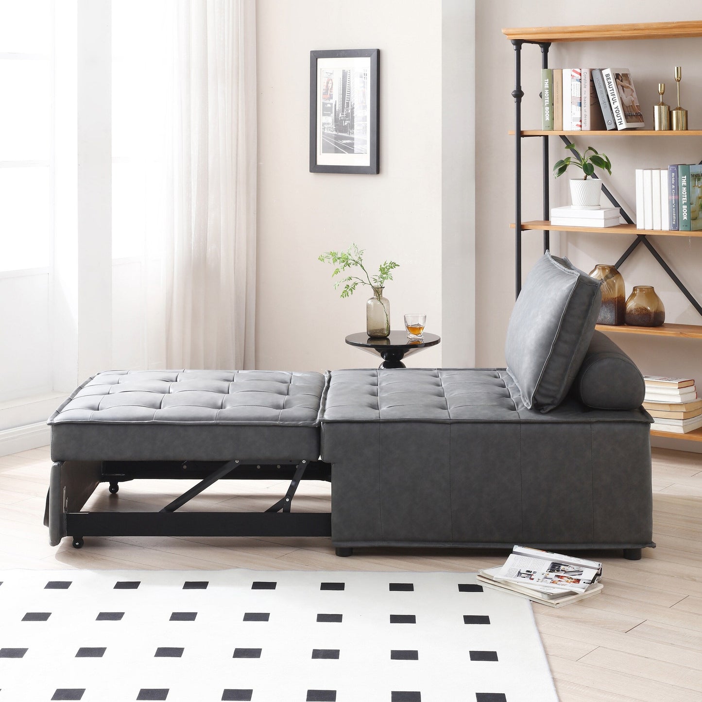 39 Faux Leather Single Multipurpose Ottoman Pull Out Sofa Bed with Adjustable Backrest and Pillow for Living Room