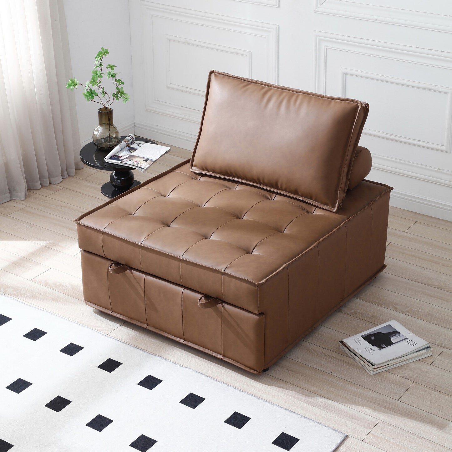 39 Faux Leather Single Multipurpose Ottoman Pull Out Sofa Bed with Adjustable Backrest and Pillow for Living Room