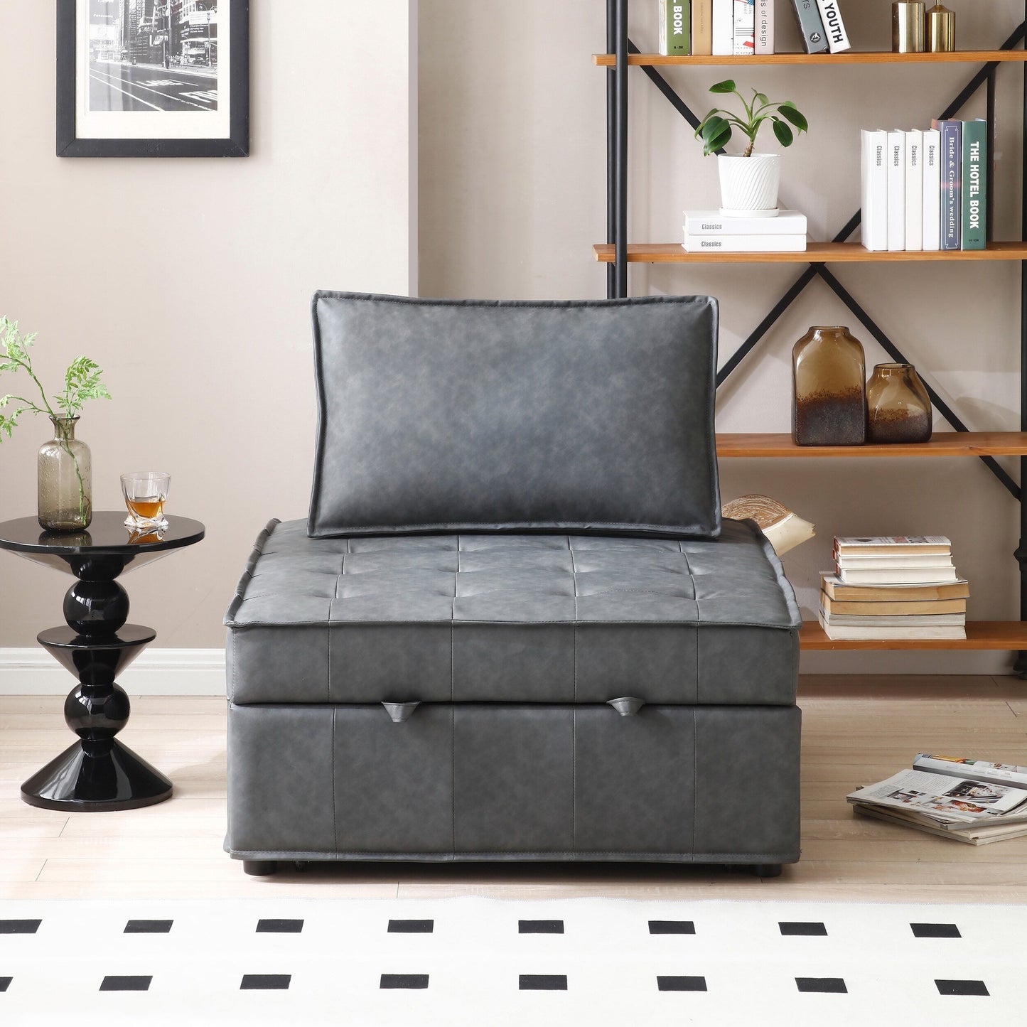 39 Faux Leather Single Multipurpose Ottoman Pull Out Sofa Bed with Adjustable Backrest and Pillow for Living Room