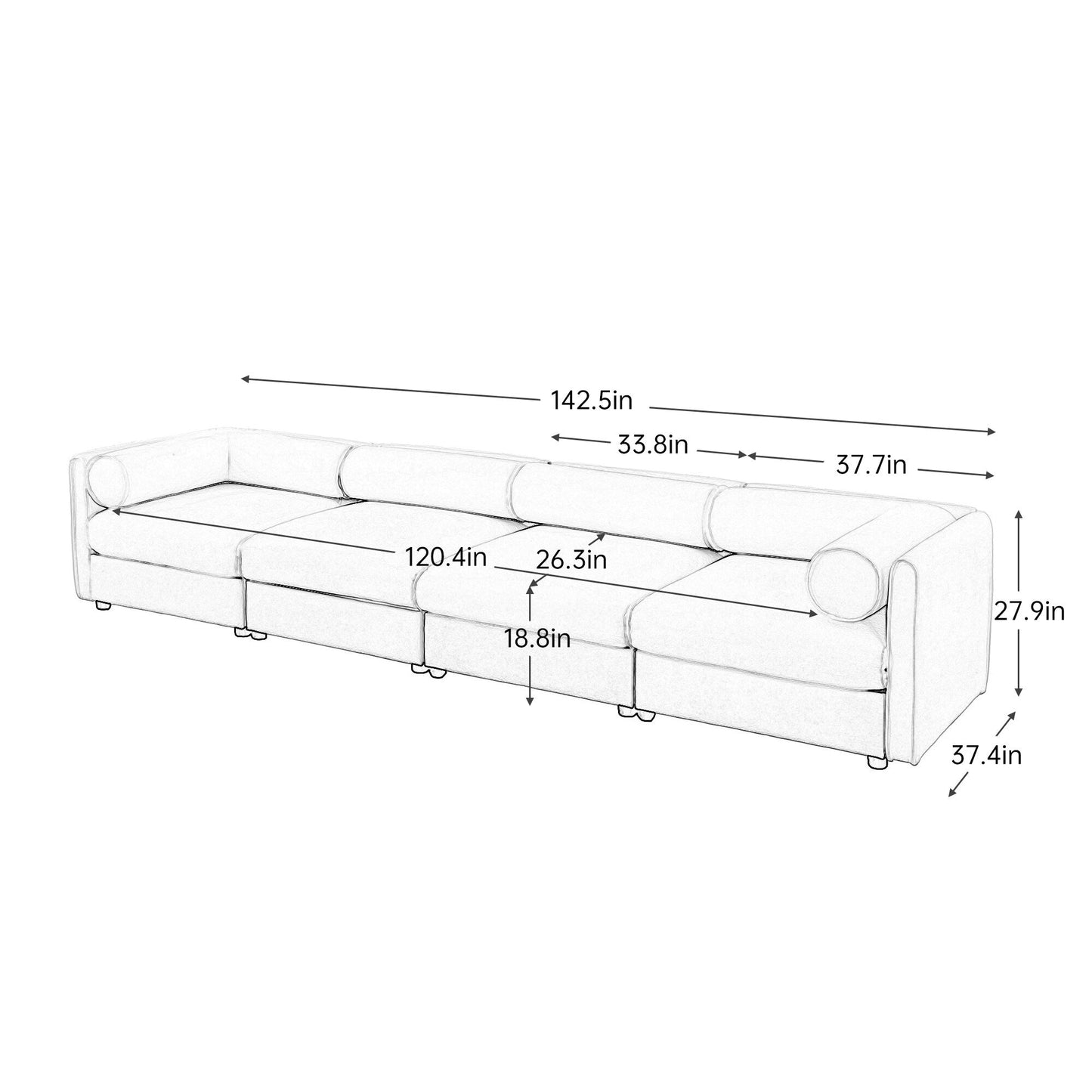 4-Piece Modular Sectional Sofa - Storage Chaise Lounge with Cylindrical Backrests, Deep Seating