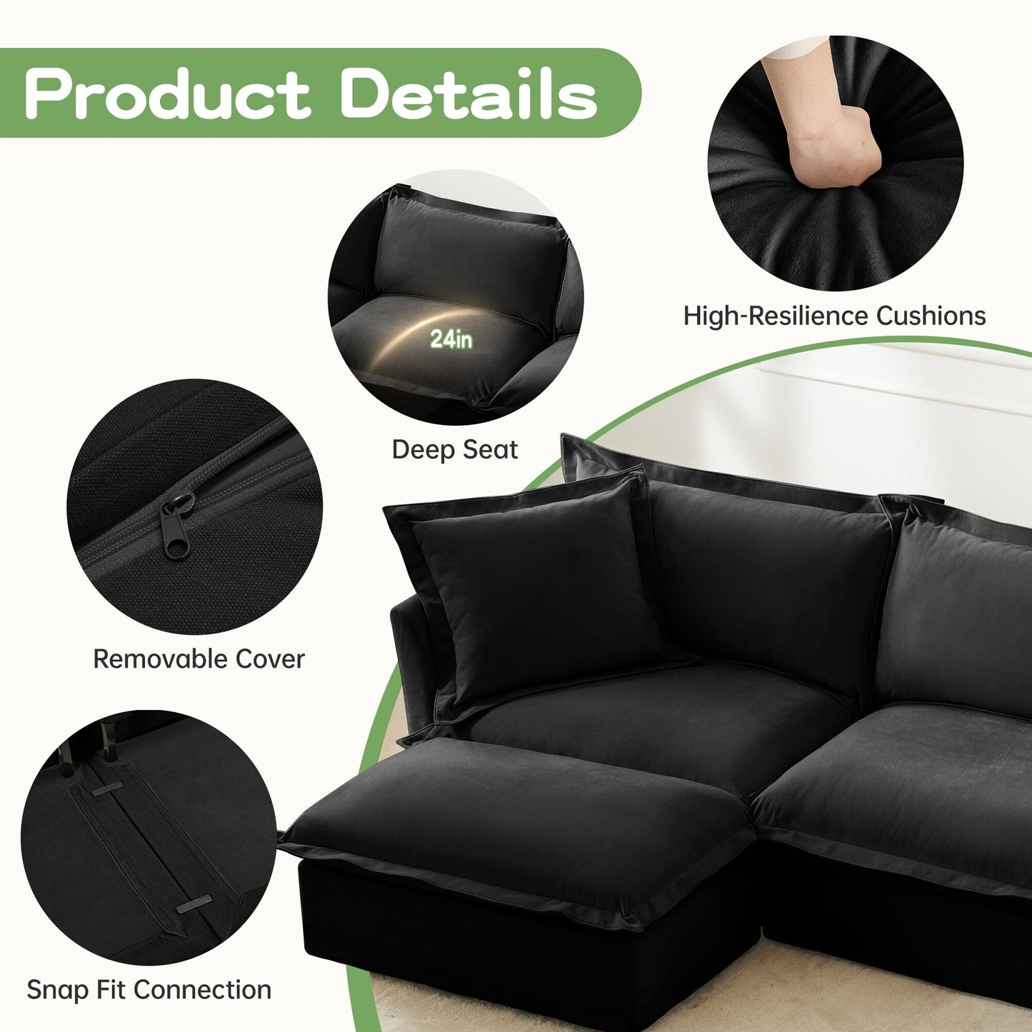 4-Seater Chenille Sofa with Removable Cover for Living Room