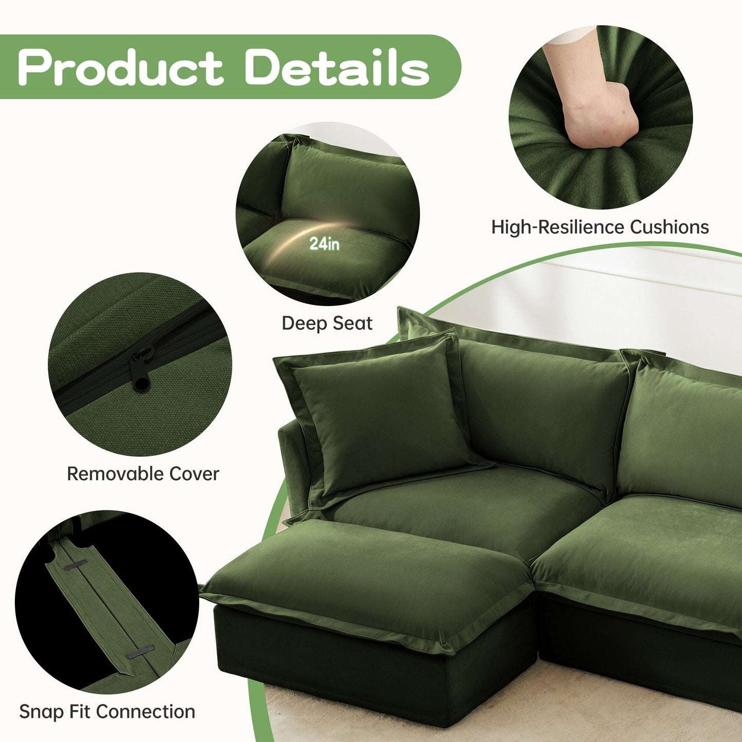 4-Seater Chenille Sofa with Removable Cover for Living Room