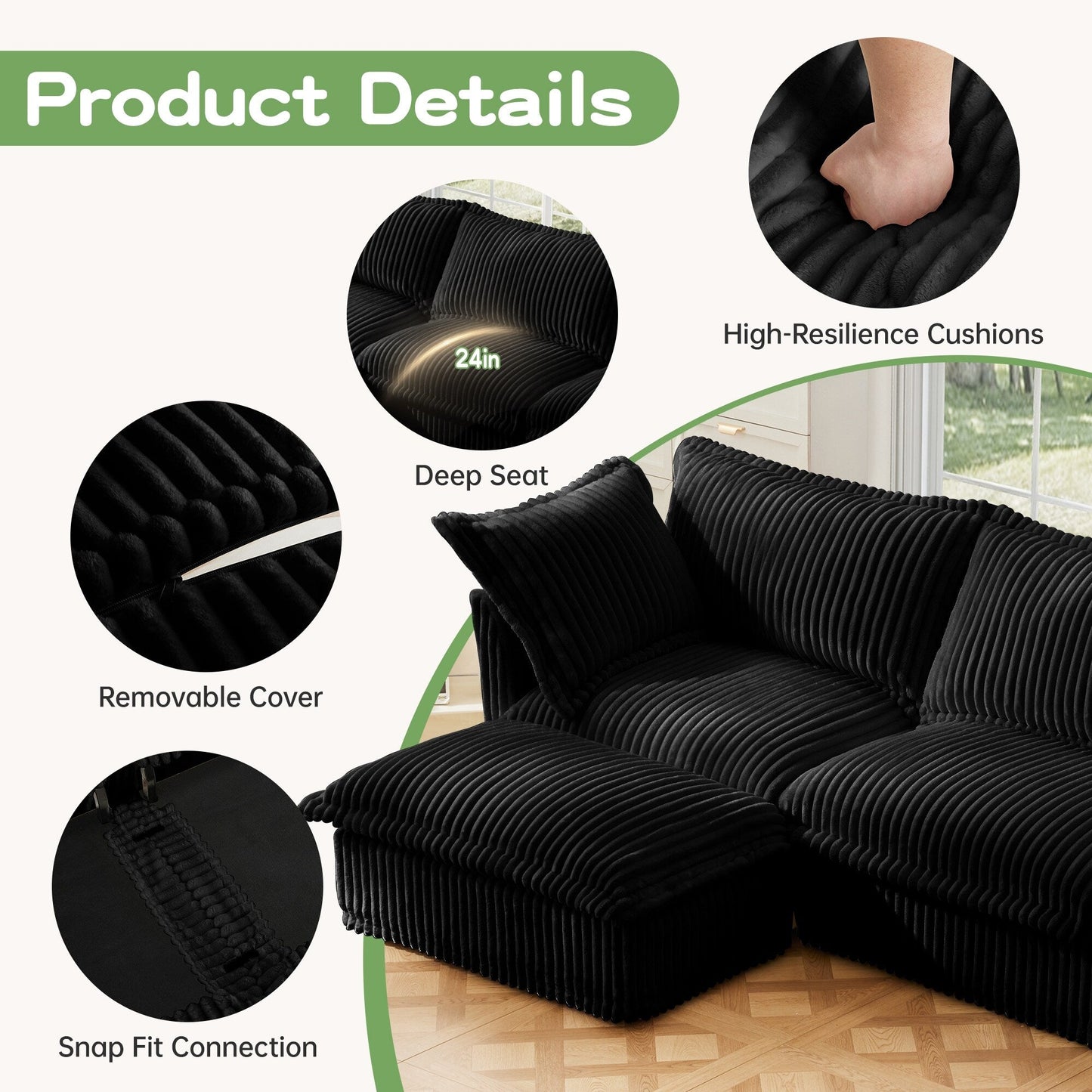 4-Seater Corduroy Slipcovered Sofa with Extra Deep for Living Room