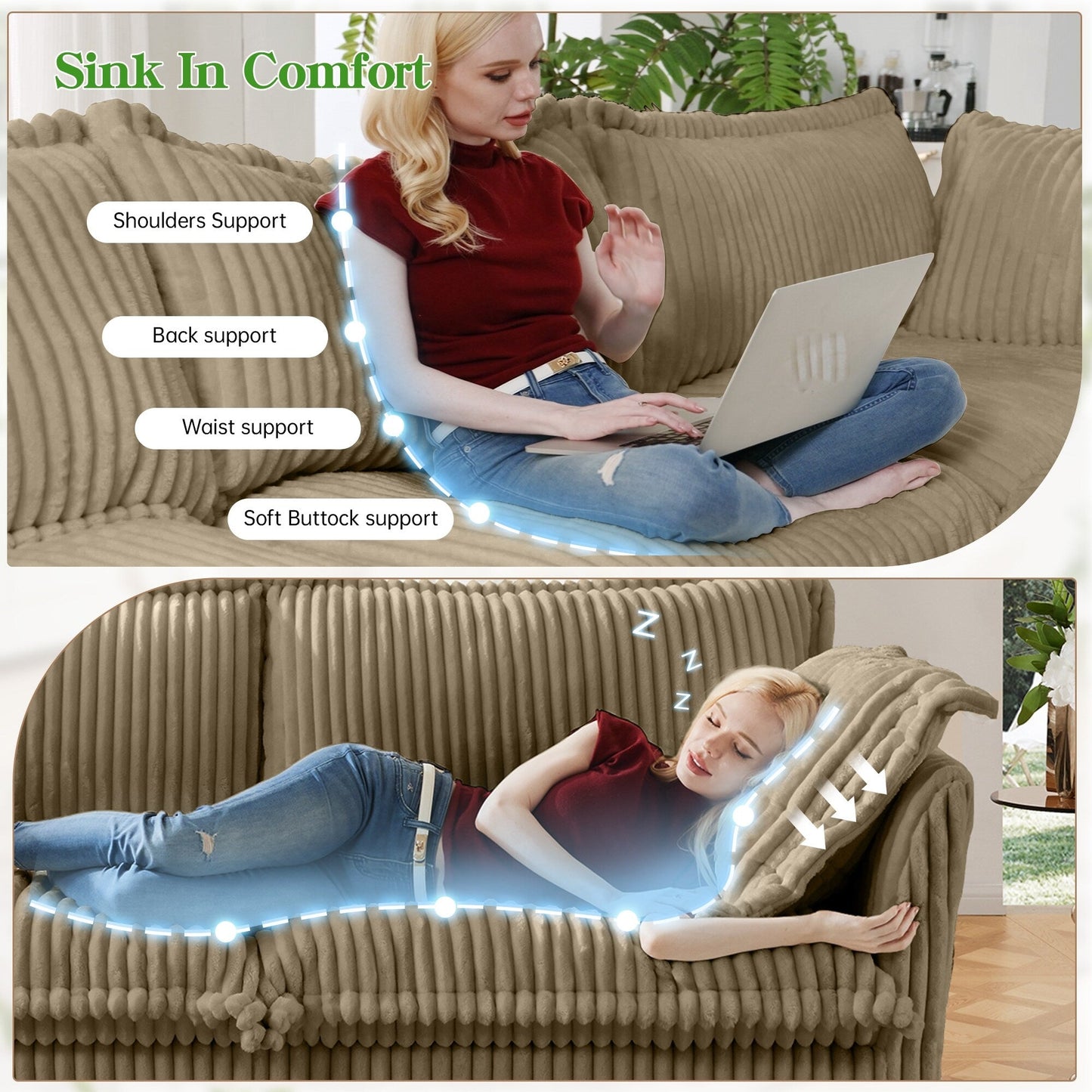 4-Seater Corduroy Slipcovered Sofa with Extra Deep for Living Room