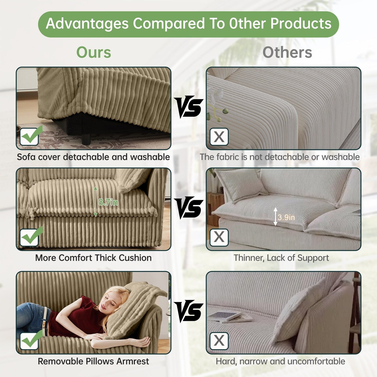 4-Seater Corduroy Slipcovered Sofa with Extra Deep for Living Room