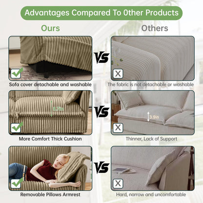 4-Seater Corduroy Slipcovered Sofa with Extra Deep for Living Room