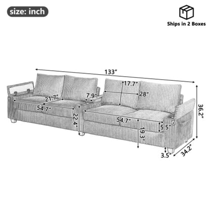 4-Seater Modern Corduroy Sofa Couch with USB Ports, Hidden Storage, and Flip-Top Cup Holders