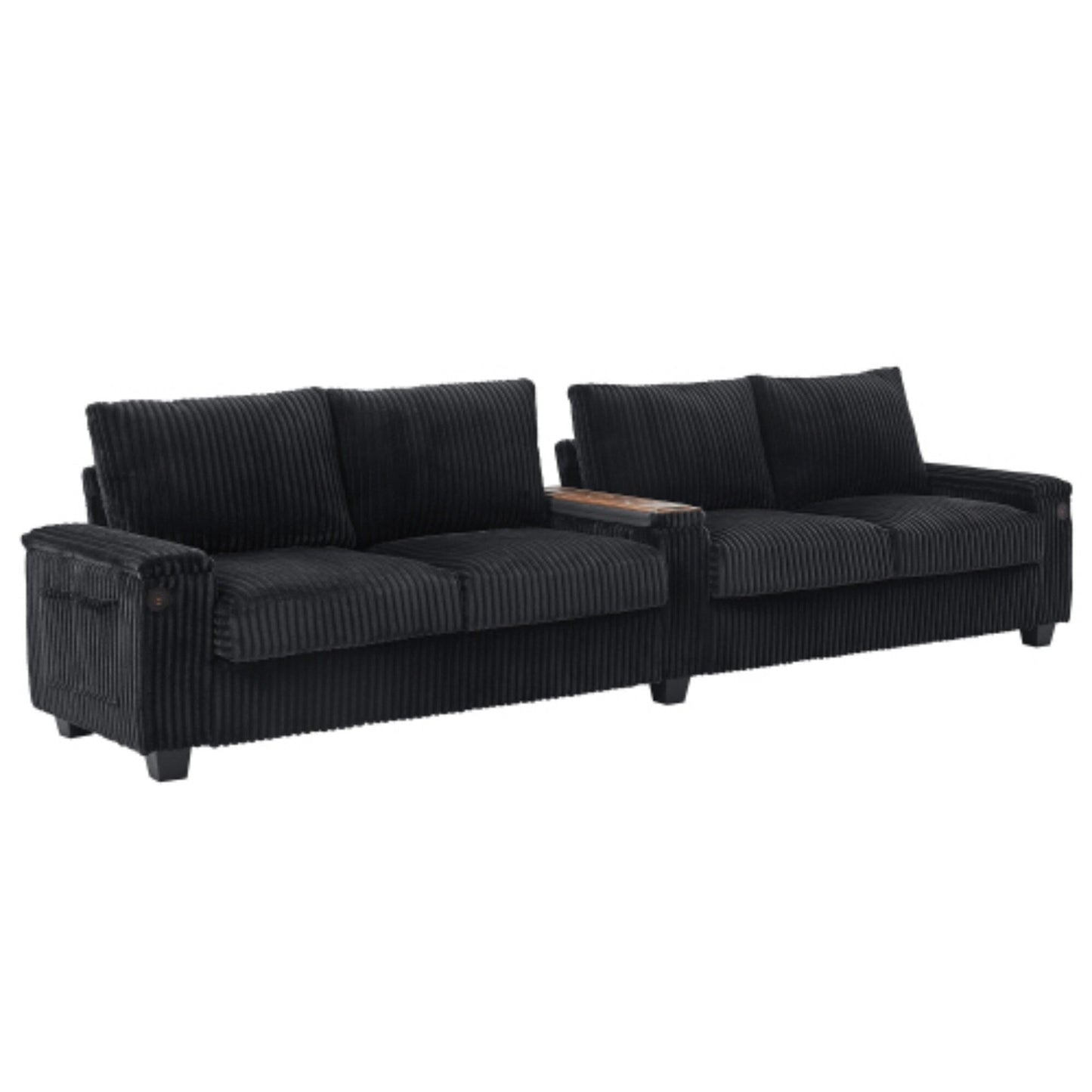 4-Seater Modern Corduroy Sofa Couch with USB Ports, Hidden Storage, and Flip-Top Cup Holders