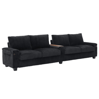 4-Seater Modern Corduroy Sofa Couch with USB Ports, Hidden Storage, and Flip-Top Cup Holders