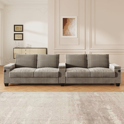 4-Seater Modern Corduroy Sofa Couch with USB Ports, Hidden Storage, and Flip-Top Cup Holders